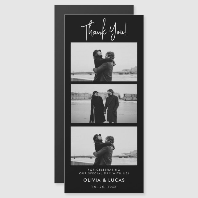 Modern Black Photo Strip Magnetic Wedding Thank Yo (Front/Back)