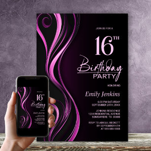 Modern Black Pink 16th Birthday Party Invitation