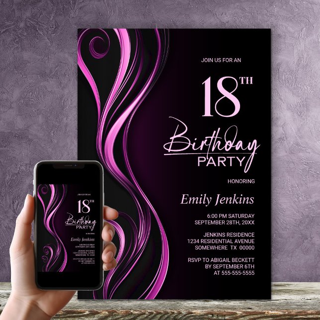 Modern Black Pink 18th Birthday Party Invitation (Creator Uploaded)