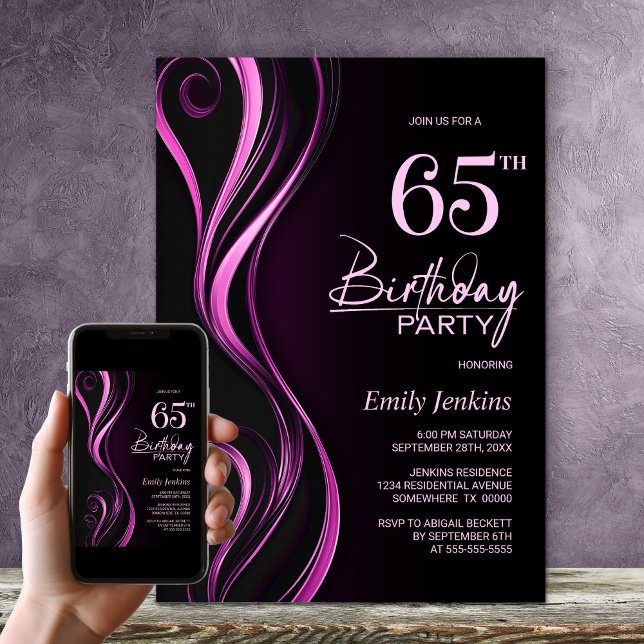 Modern Black Pink 65th Birthday Party Invitation (Creator Uploaded)