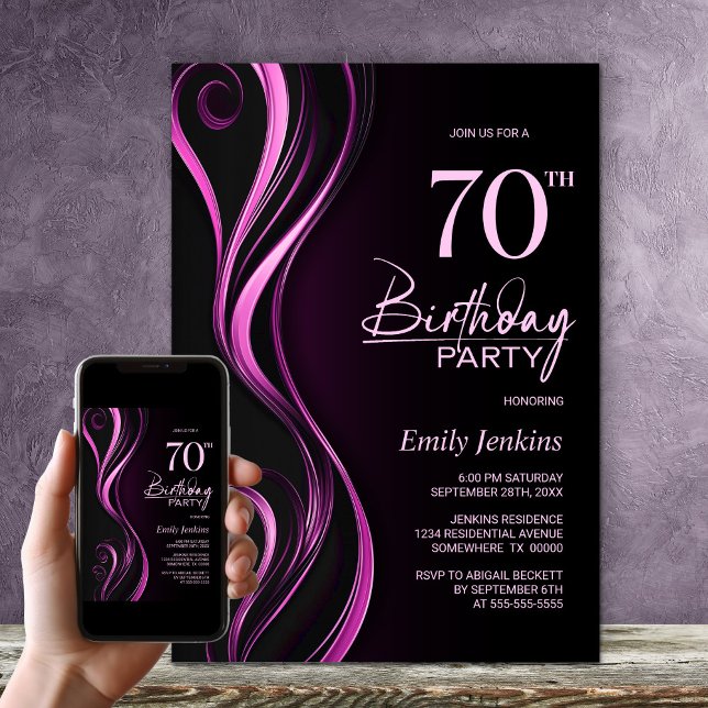Modern Black Pink 70th Birthday Party Invitation (Creator Uploaded)