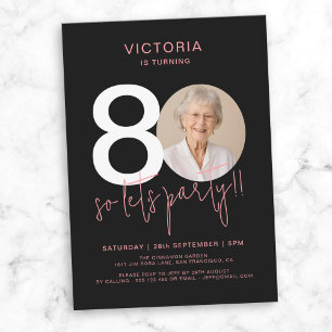 Modern Black Pink 80th Birthday Invitation
