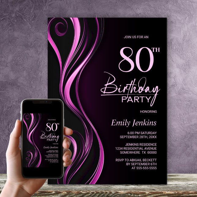 Modern Black Pink 80th Birthday Party Invitation (Creator Uploaded)