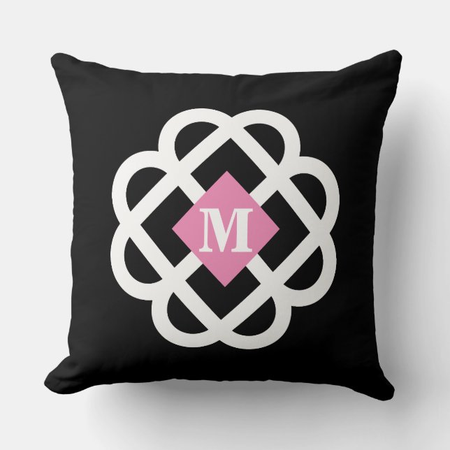Modern Black Pink Abstract Monogram Cushion (Front)