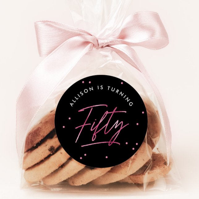 Modern Black Pink Calligraphy 50th Birthday Classic Round Sticker (Creator Uploaded)