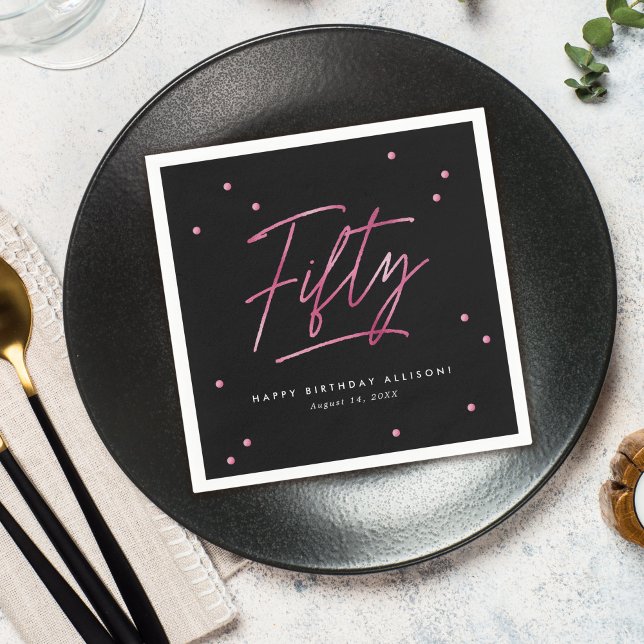 Modern Black Pink Calligraphy 50th Birthday Napkin (Creator Uploaded)