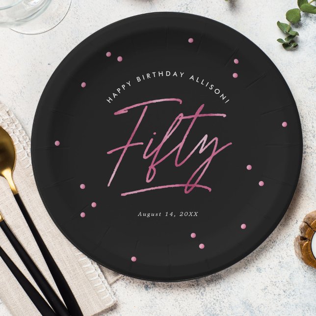 Modern Black Pink Calligraphy 50th Birthday Paper Plate (Creator Uploaded)