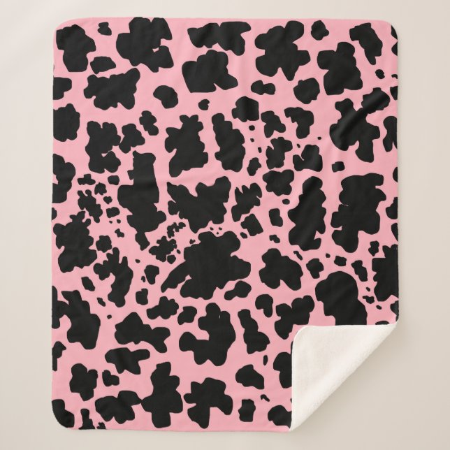 Modern Black Pink Cow Skin Texture Animal Print  Sherpa Blanket (Front)
