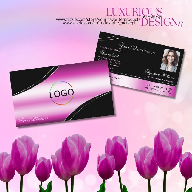 Modern Black Pink Curved Decor Lines Logo Photo Business Card (Creator Uploaded)