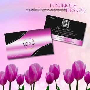 Modern Black Pink Curved Decor Lines Logo QR Code Business Card