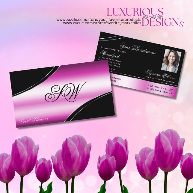 Modern Black Pink Curved Lines Monogram and Photo Business Card (Creator Uploaded)