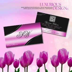 Modern Black Pink Curved Lines Monogram QR Code Business Card