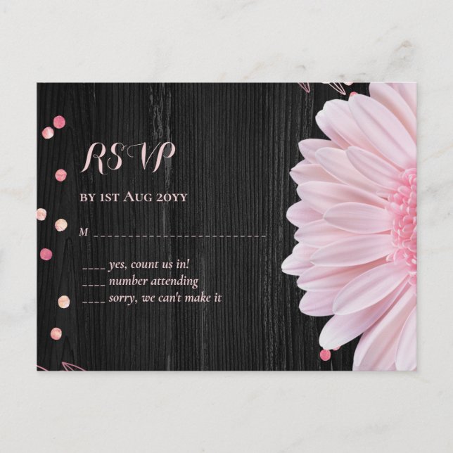 Modern Black Pink Daisy Wedding Postcard (Front)
