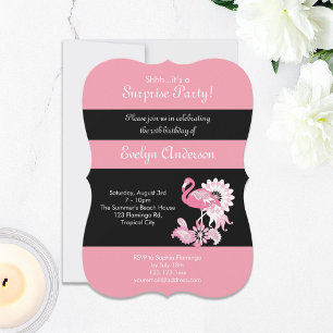 Modern Black Pink Flamingo Surprise Birthday Invitation