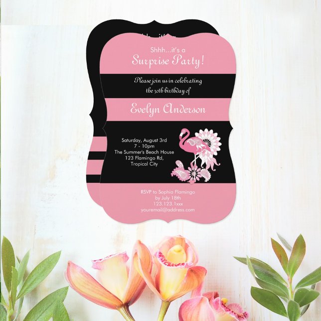 Modern Black Pink Flamingo Surprise Birthday Invitation (Creator Uploaded)