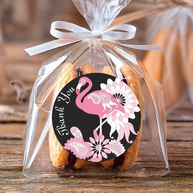 Modern Black Pink Flamingo Thank You Classic Round Sticker (Creator Uploaded)
