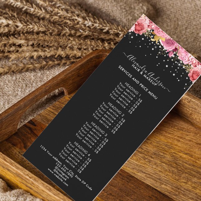 Modern Black Pink Floral Diamonds Glitter Price Rack Card (Modern Black Pink Floral Diamonds Glitter Price Rack Card)