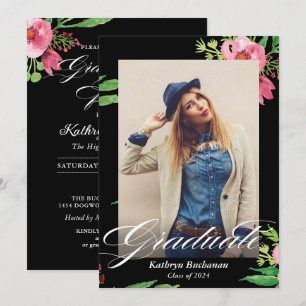 Modern Black Pink Floral Photo Graduation Party Invitation