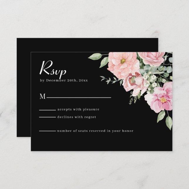 Modern Black & Pink Floral Wedding RSVP Card (Front/Back)