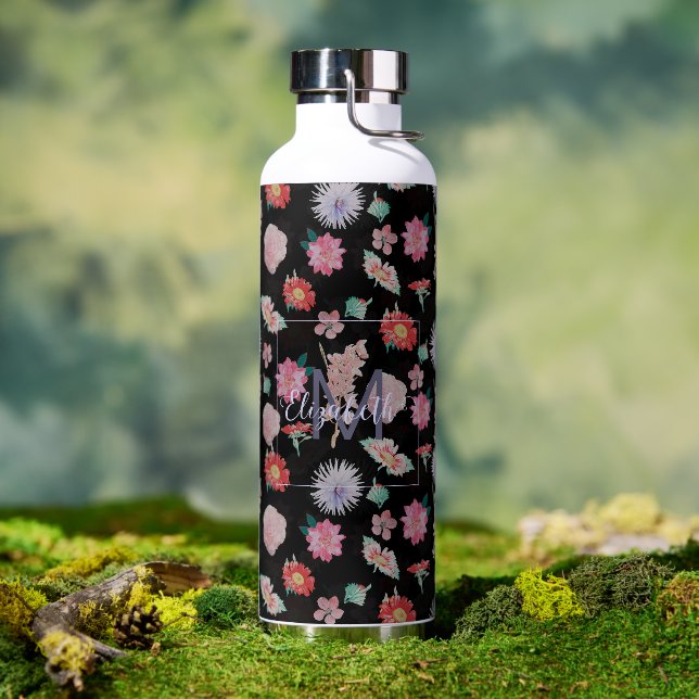 Modern Black Pink Garden Floral Water Bottle (Outdoor)