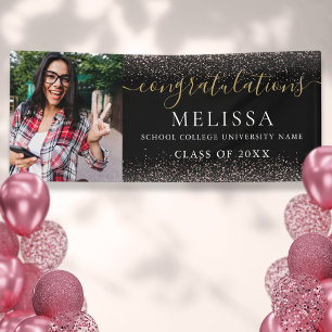 Modern Black Pink Glitter Photo Graduation Banner