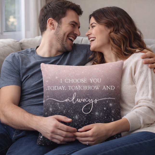 Modern Black & Pink Glitter Sparkles “I Choose You Cushion (Creator Uploaded)