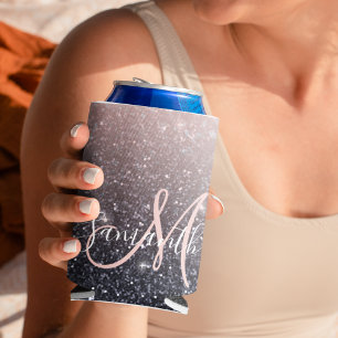 Modern Black & Pink Glitter Sparkles Name  Can Cooler