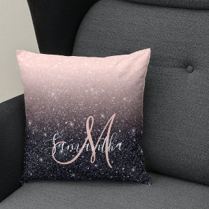 Modern Black & Pink Glitter Sparkles Name  Cushion