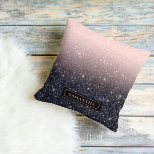 Modern Black & Pink Glitter Sparkles Name Cushion
