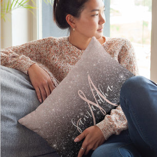 Modern Black & Pink Glitter Sparkles Name  Lumbar Cushion