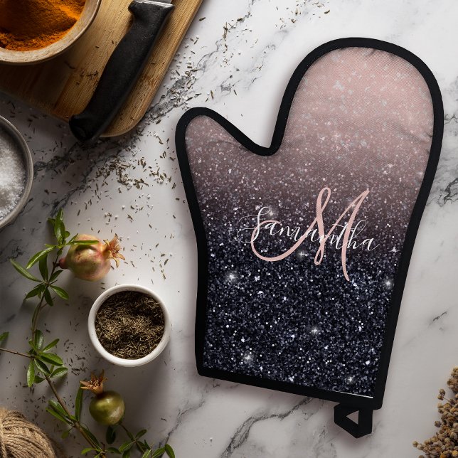 Modern Black & Pink Glitter Sparkles Name  Oven Mitt & Pot Holder Set (Creator Uploaded)