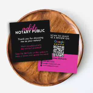 Modern Black & Pink Google Review QR Code Notary Square Business Card