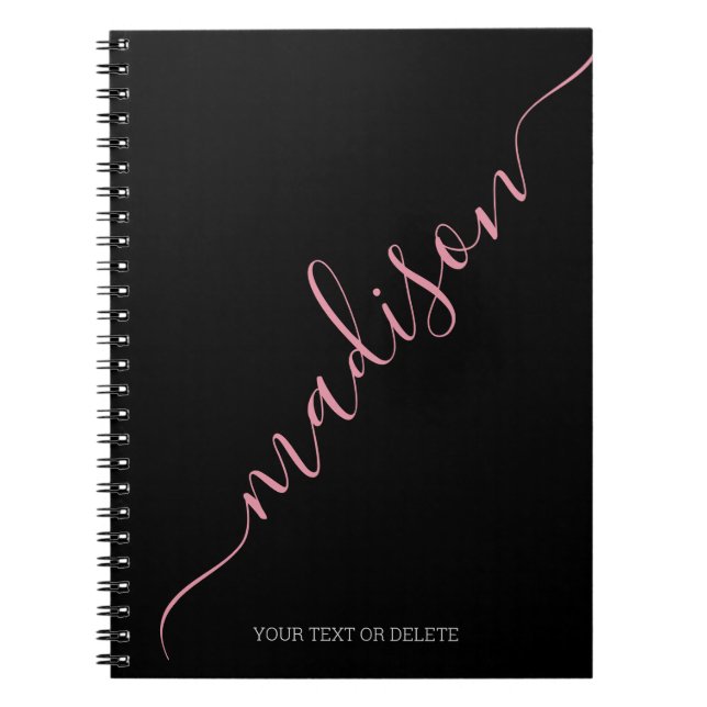 Modern Black Pink Handwritten Name Monogram Notebook (Front)