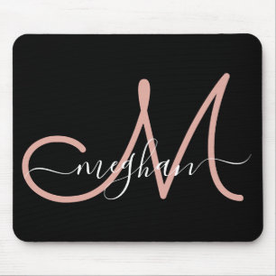 Modern Black Pink Handwritten Name Monogrammed Mouse Mat