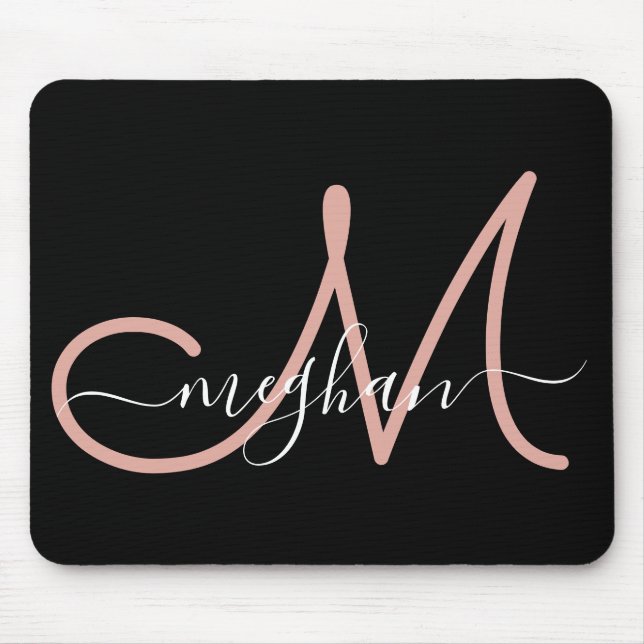 Modern Black Pink Handwritten Name Monogrammed Mouse Mat (Front)