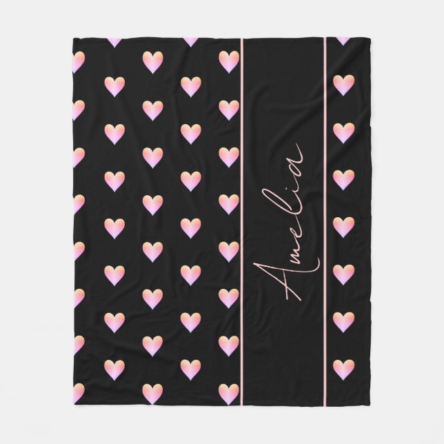 Modern Black Pink Hearts Personalised Fleece Blanket (Front)