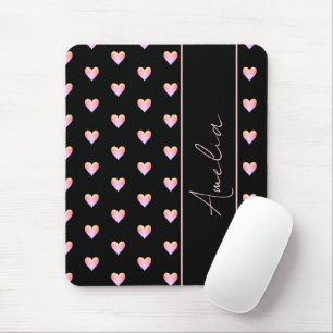Modern Black Pink Hearts Personalised Name Mouse Mat