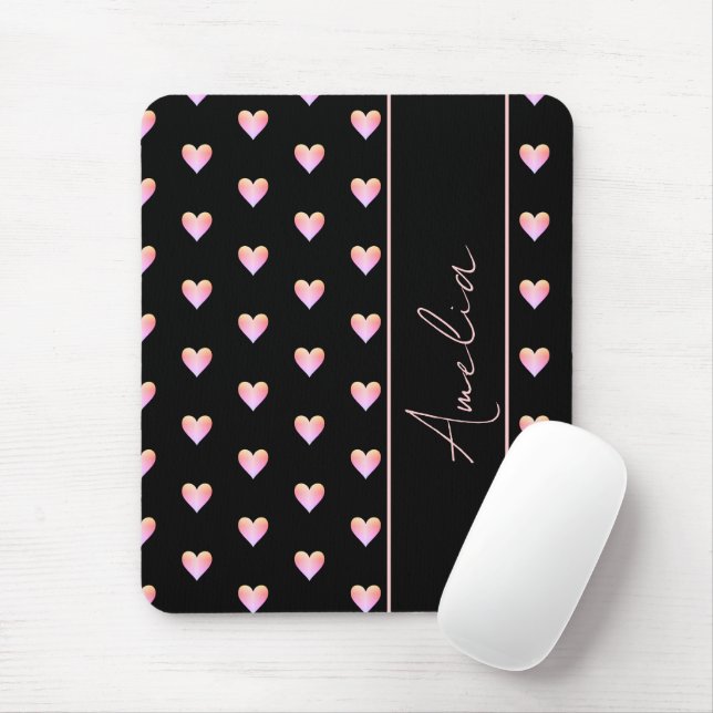 Modern Black Pink Hearts Personalised Name Mouse Mat (With Mouse)