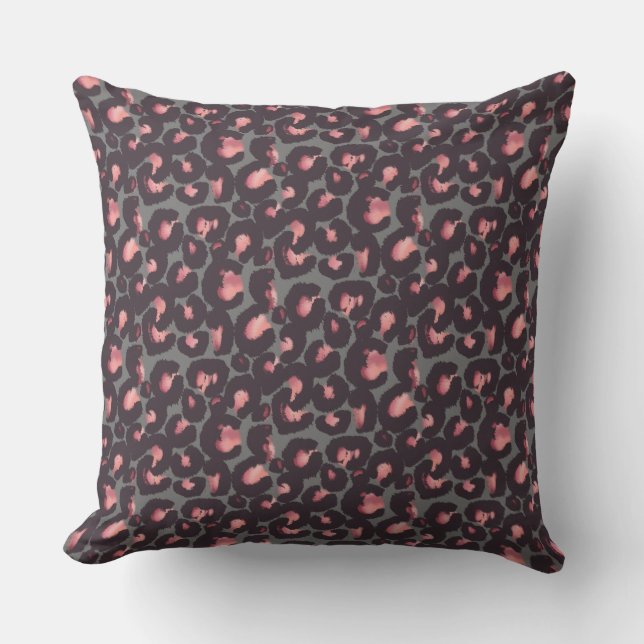Modern Black Pink Leopard Animal Print Cushion (Front)