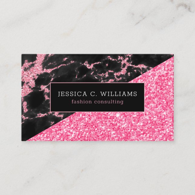 Modern Black & Pink Marble & Pink Glitter Business Card (Front)