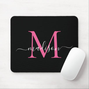 Modern Black Pink Monogram Elegant Girly Script Mouse Mat