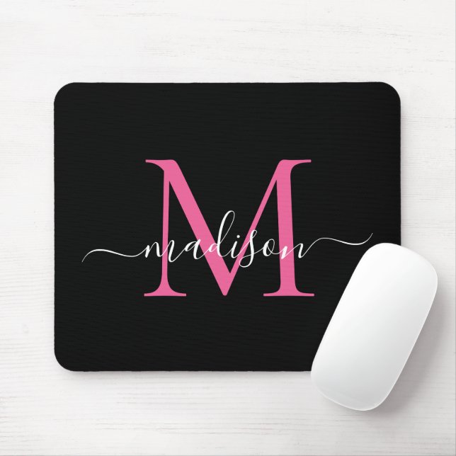 Modern Black Pink Monogram Elegant Girly Script Mouse Mat (With Mouse)