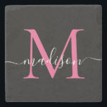 Modern Black Pink Monogram Feminine Script Name Stone Coaster<br><div class="desc">Elegant Black Magenta Hot Pink Monogram Feminine Script Name Stone Coaster</div>