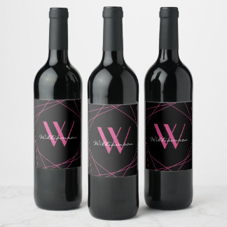 Modern Black Pink Monogram Name Script Geometric Wine Label