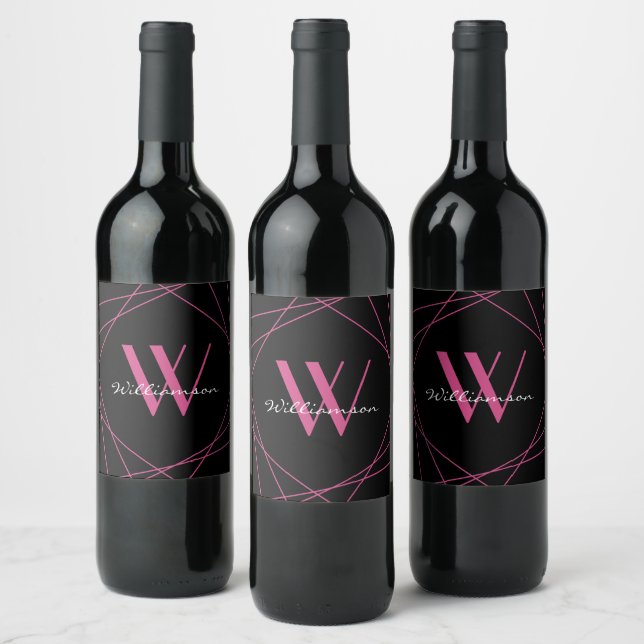 Modern Black Pink Monogram Name Script Geometric Wine Label (Bottles)