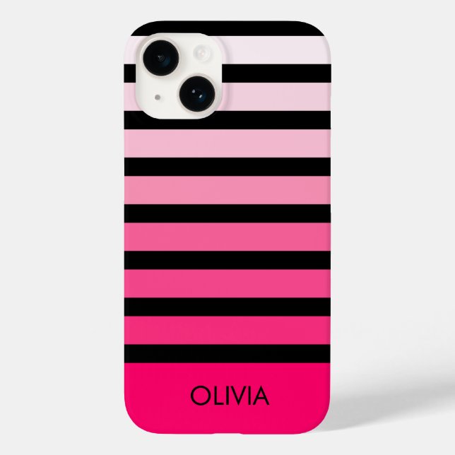 Modern Black Pink Ombre Striped Personalised Name Case-Mate iPhone Case (Back)