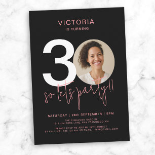 Modern Black Pink Photo 30th Birthday  Invitation