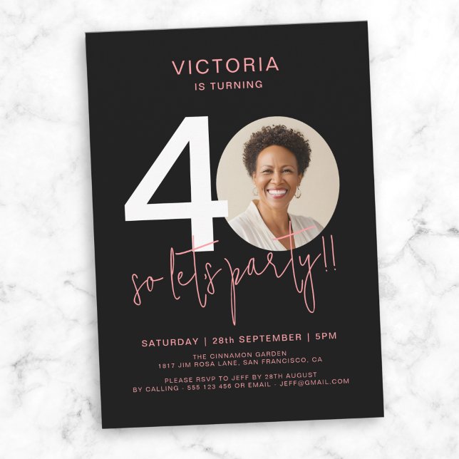 Modern Black Pink Photo 40th Birthday  Invitation (Modern Black Pink Photo 40th Birthday Invitation)