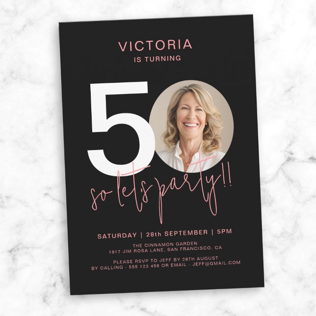 Modern Black Pink Photo 50th Birthday  Invitation (Modern Black Pink Photo 50th Birthday Invitation)