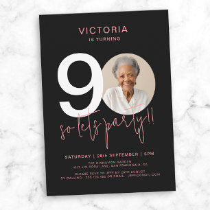Modern Black Pink Photo 90th Birthday Invitation